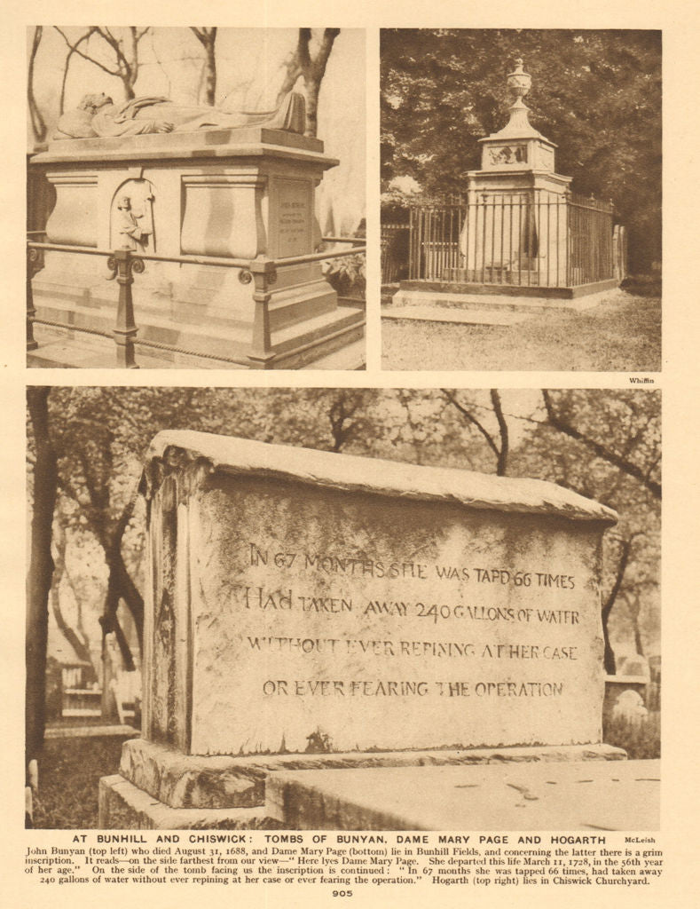 At Bunhill & Chiswick. tombs of Bunyan, Dame Mary Page and Hogarth 1926 print